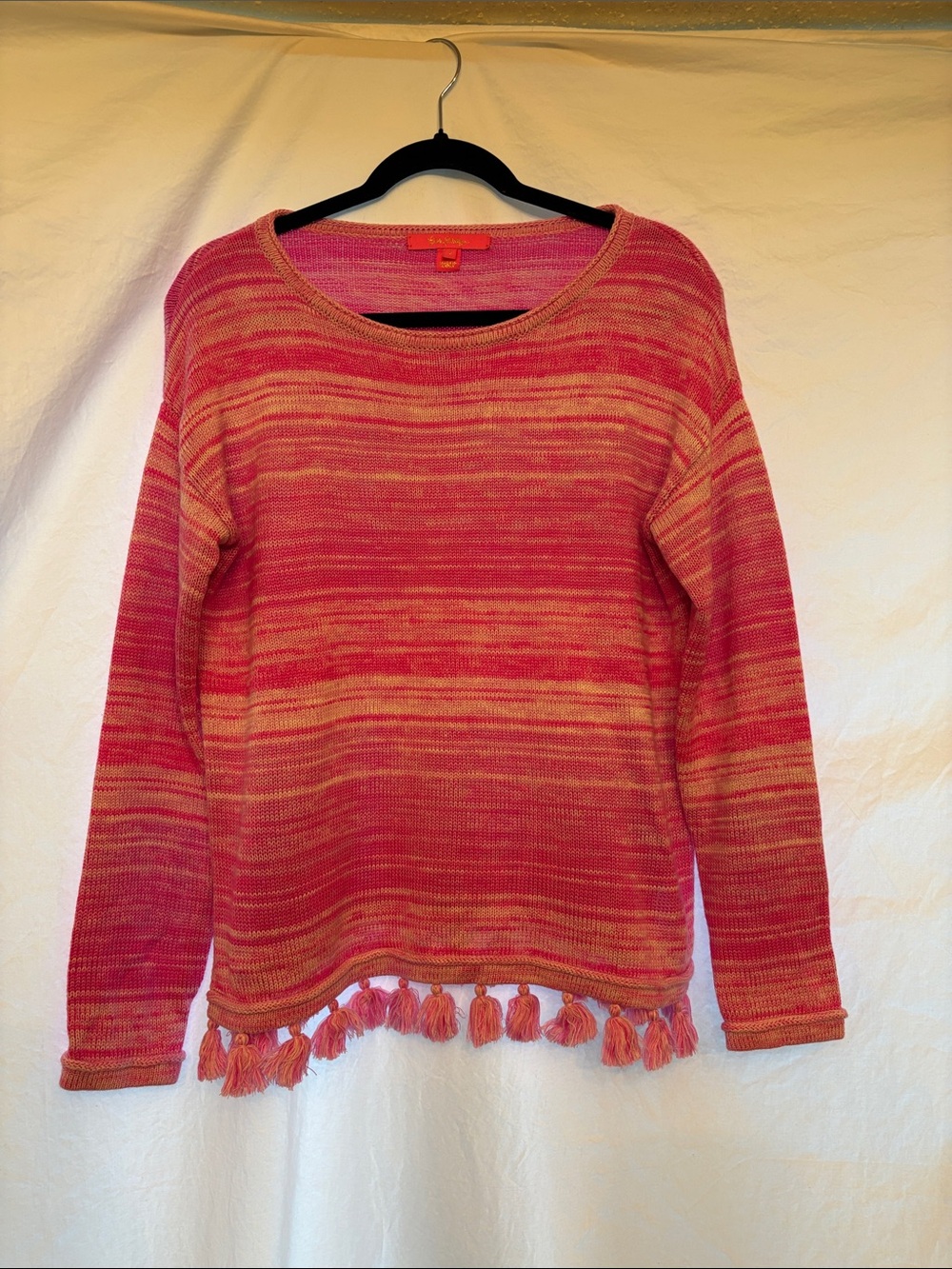 Lilly Pulitzer Jody Relaxed Fringe Tassel Hem Knit Sweater Pink White